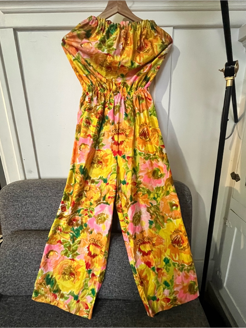Vintage Yellow & Pink Floral Strapless Jumpsuit